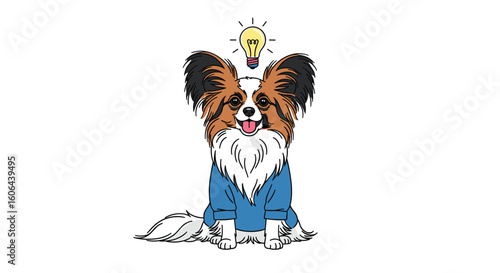 Creative papillon dog in business attire with bright idea lightbulb above its head symbolizing inspiration innovation and genius