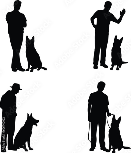 Silhouette of dog trainers with German Shepherds, performing obedience training, leash control, commands, teamwork, pet discipline, and companionship