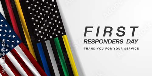 National First Responders Day. First responders and american flag. Great for posters, banners and social media. White background.