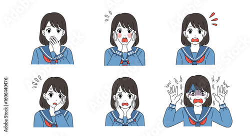 Collection of anime school girl expressions showing a range of emotions from surprise and embarrassment to shock and panic