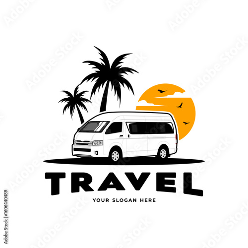 travel logo with van minivan and palm trees vector illustration