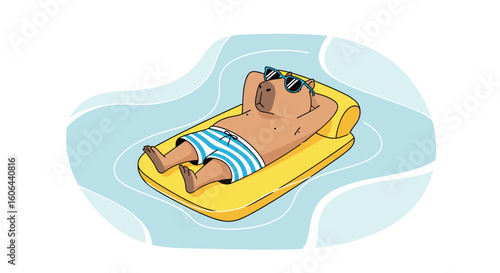 Man relaxing on a yellow inflatable mattress floating in the clear blue swimming pool water on a sunny day enjoying vacation
