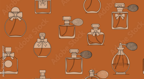Elegant collection of vintage perfume bottles displayed in a repeating pattern design
