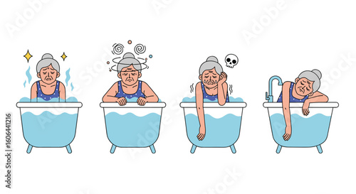 Elderly woman enjoying a relaxing bath experiencing various stages of comfort and sleepiness