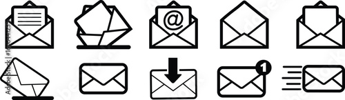 Email envelope icons set, vectors black outline mail symbols collection including incoming message, notification, at signs, letter in inbox, digital communication for UI, web, and mobile designs.