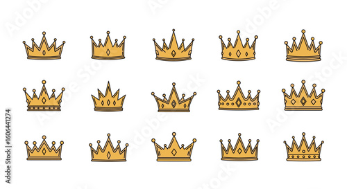 Collection of distinct golden royal crowns displayed in a grid format for royalty and authority concepts