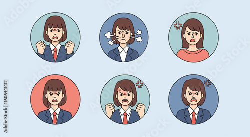 Collection of diverse expressive facial emotions depicting human feelings and reactions in a professional context