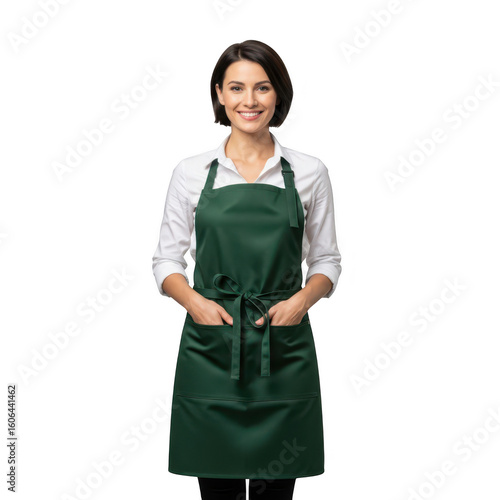 A smiling woman wearing a green apron and white shirt ready to serve isolated on transparent background