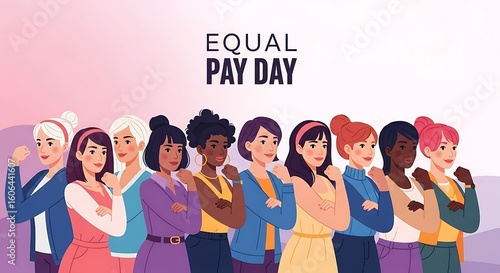 Diverse women standing together, celebrating equal pay day.