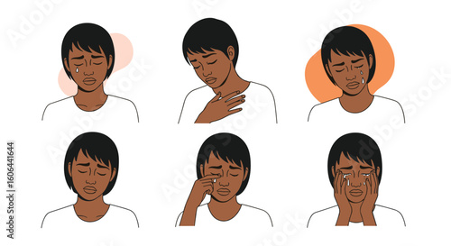 Illustrations depicting various facial expressions and physical discomforts indicating feelings of sadness and distress