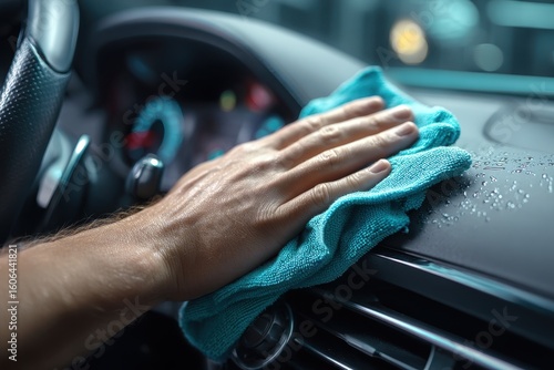 Close-Up of Wiping Car Interior: Cleaner Polishing Dashboard with Rag for a Dust-Free Shine