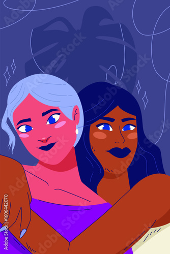 Colorful portrait of a queer couple sharing a warm embrace, celebrating love and identity.