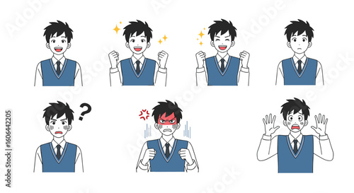 Collection of expressive school boy characters showing various emotions and reactions