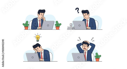 Frustrated businessman experiencing different work scenarios while using laptop and feeling overwhelmed by tasks