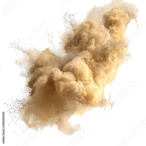 A large plume of tan dust billows and expands against a black background, exhibiting dynamic texture and irregular edges