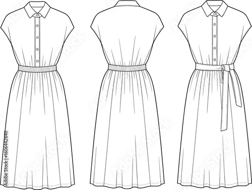 Flat fashion sketch of midi shirt dress with collar, belt, button-down front, elastic waist, short sleeves, elegant clothing vector