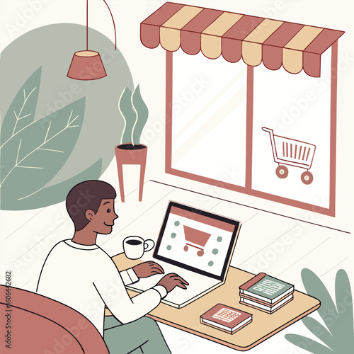Person Shopping Online with Shopping Cart Icon on Laptop Screen