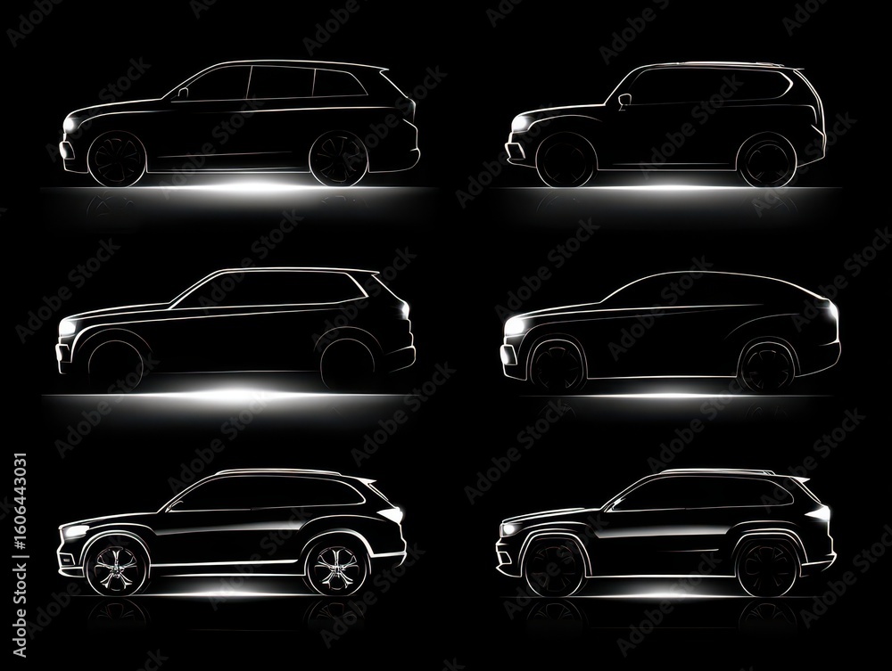 Obraz premium Abstract Outline of Modern SUV Car on White Canvas: Side and Top Perspectives in Doodle Style