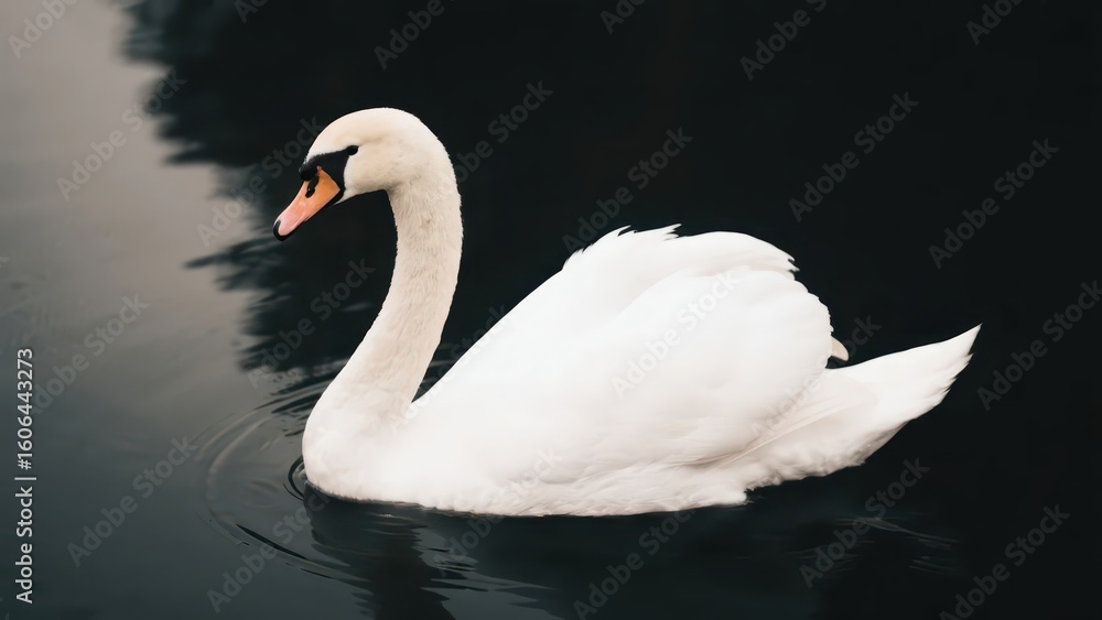 Fototapeta premium A mute swan swims gracefully on the water. Its white feathers contrast sharply with the dark lake water, showing a quiet beauty. 