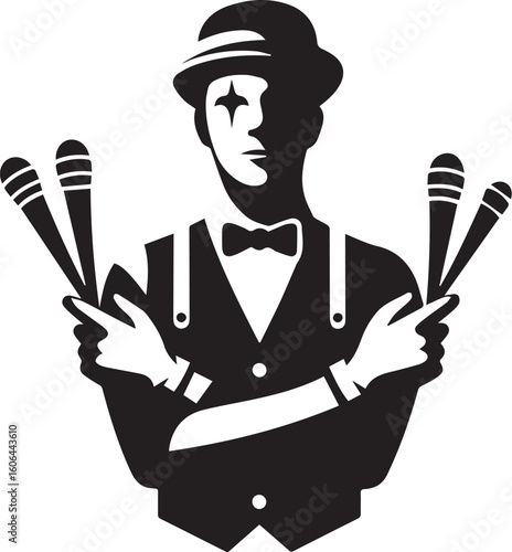 Mime artist performing silent comedy show silhouette