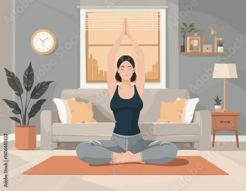 A flat vector of a remote worker taking a break or doing yoga at home, representing healthy work-life balance. Ideal for wellness blogs, remote lifestyle apps, and productivity visuals.