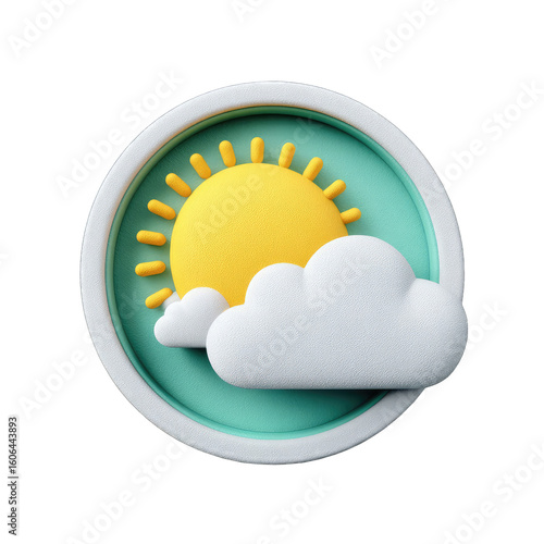 A circular 3D icon depicts partly sunny weather; a yellow sun peeks above a fluffy white cloud set against a teal background, all within a white border