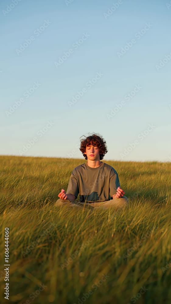 Boy meditating in golden grass at sunset, peaceful outdoor mindfulness, relaxation, youth wellness, nature Boy meditating in golden grass at sunset, peaceful outdoor mindfulness, relaxation, youth wellness, nature