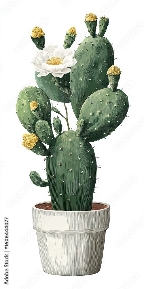 Fototapeta premium Charming Vintage Cactus Illustration: Retro Houseplant Featuring Blossoms against a White Background