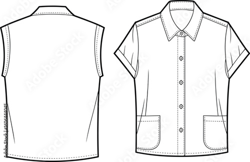 Flat sketch of short sleeve button-up shirt with collar, patch pockets, front and back view, vector fashion technical drawing