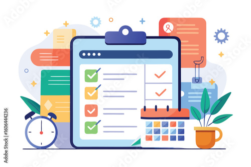 Effective task management tool concept illustrated in a flat design showcasing a checklist, calendar, and organizational elements for productivity enhancement
