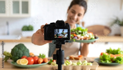 Woman food blogger taking a selfie in kitchen
