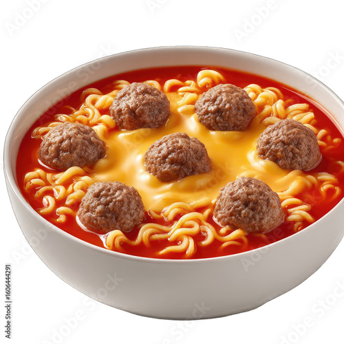 A bowl of noodle soup with meatballs and melted cheese.  The noodles are submerged in a red tomato-based broth, and the meatballs are arranged around the bowl, nestled in a pool of melted cheese
