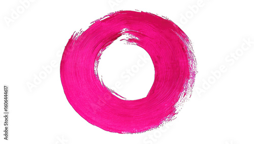 A vibrant hot pink ring, painted with visible brushstrokes, creating a textured, circular form against a black background. The inner circle is empty, drawing focus to the painted outer ring