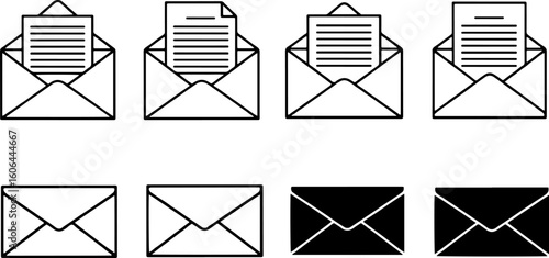 Vector art of set of icons depicting envelopes and documents