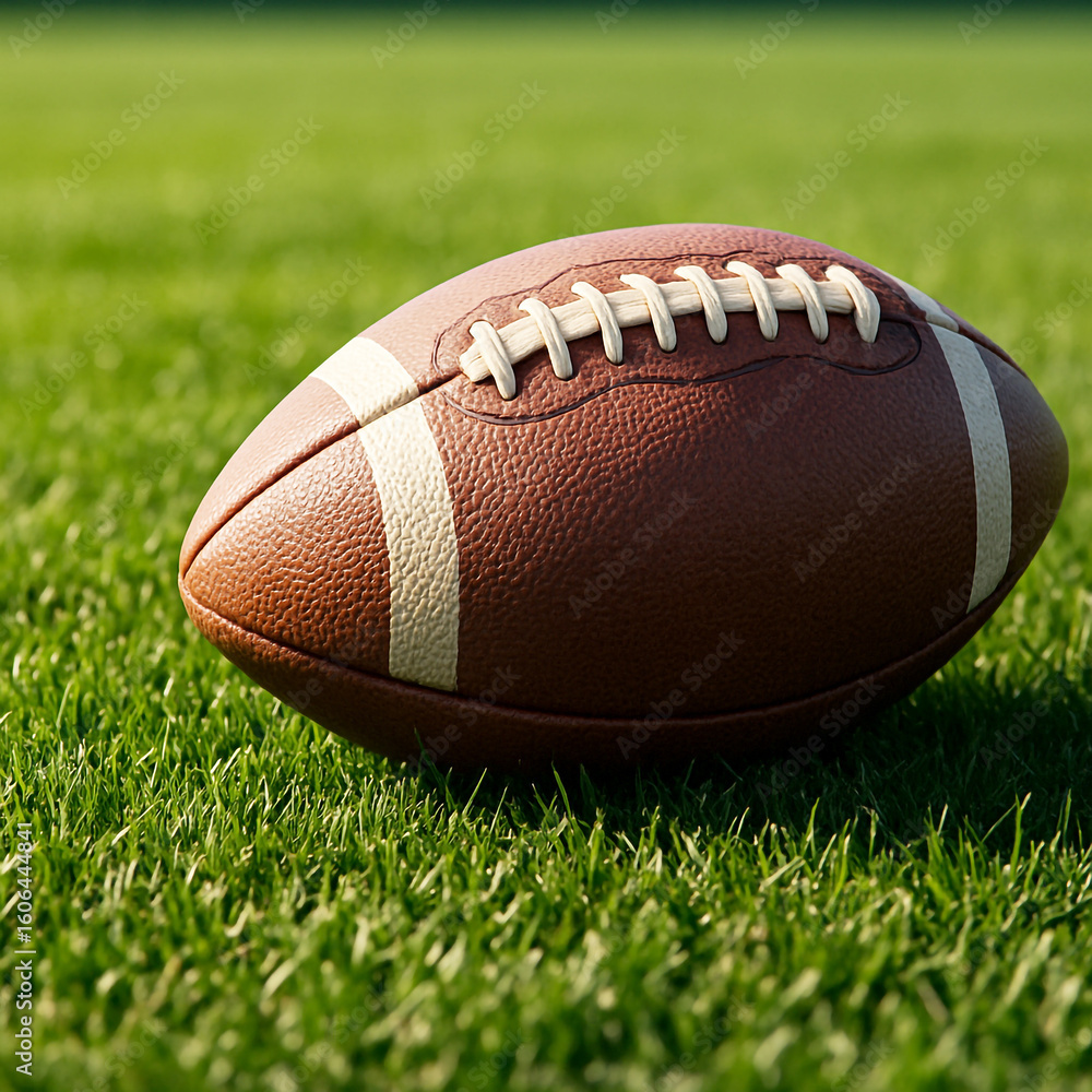 Obraz premium American football ball resting on green grass field during a game