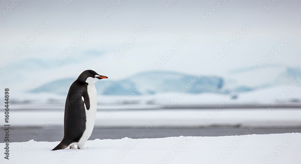 Naklejka premium A single gentoo penguin stands on a snow-covered landscape.