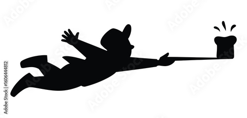 Silhouette of a happy man in a chef hat falling while holding a tray with a frothy beer