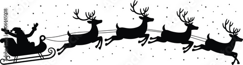 Silhouette of Santa Claus waving on sleigh with flying reindeer, winter night scene, festive Christmas vector, holiday black art