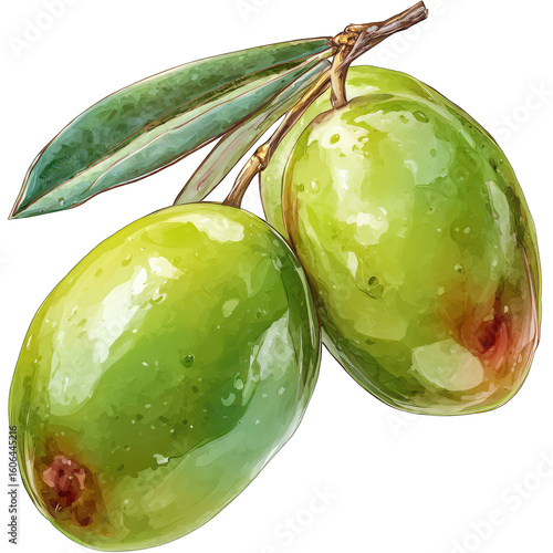 A detailed digital painting of two green olives on a branch with leaves, showcasing a glistening, almost watercolor-like texture