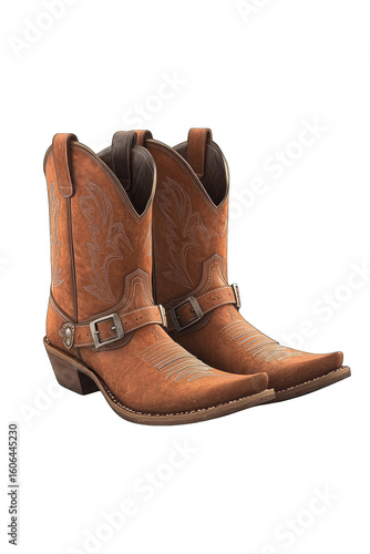 A pair of tan leather cowboy boots with intricate stitching and a pointed toe, set against a black background.  The boots feature a buckle strap and subtle decorative patterns