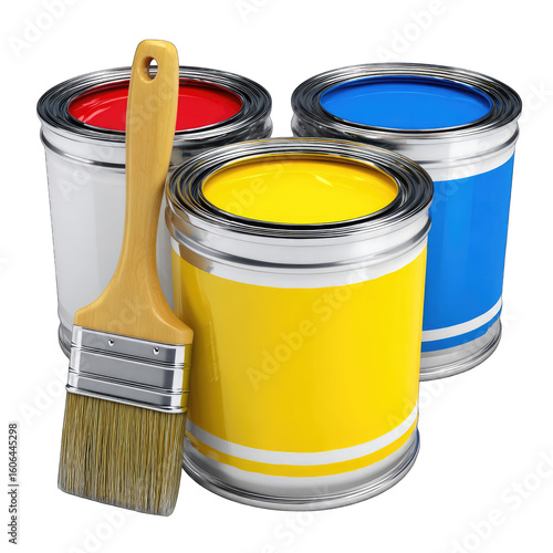 Three paint cans, red, blue, yellow, with paintbrush