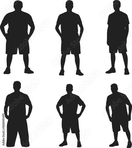 Silhouettes of six men standing, casual poses, male figures wearing shorts and t-shirts, shadow people, isolated on white background