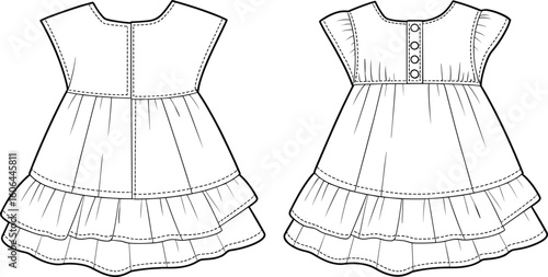 Girls short sleeve ruffle dress with layered hem, buttoned placket, gathered waistline, back and front view, cad flat sketch vector