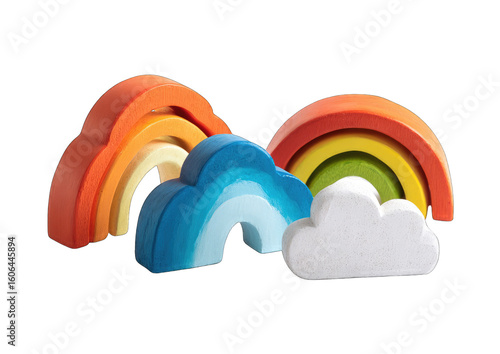 A set of colorful wooden rainbow and cloud shaped stacking toys.  The toys are arranged artfully, showcasing their vibrant hues and smooth texture