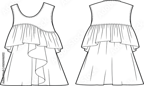 Girls high-low ruffle layered maxi dress with flounce hem and sleeveless bodice, fashion cad sketch flat vector template