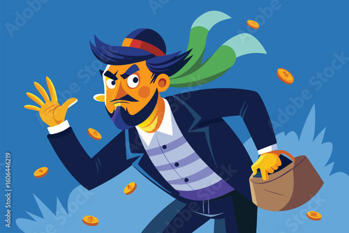 Greedy man sneaks away with stolen money in a colorful cartoon setting during a bright day