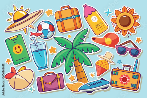 Vibrant summer stickers inspired by tropical beach vacations featuring sun, palm trees, and playful beach accessories