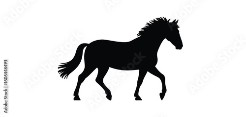 Black silhouette of a horse walking on a white background