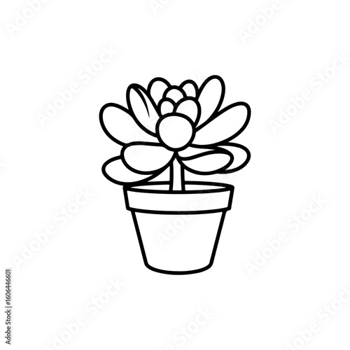 black and white line drawing of a succulent or flowering plant with intricate, overlapping petals or leaves. The overall shape resembles a rosette or spiral pattern, creating a visually striking and g