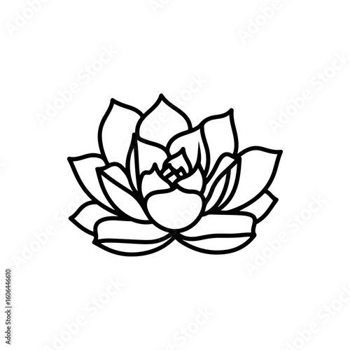 black and white line drawing of a succulent or flowering plant with intricate, overlapping petals or leaves. The overall shape resembles a rosette or spiral pattern, creating a visually striking and g